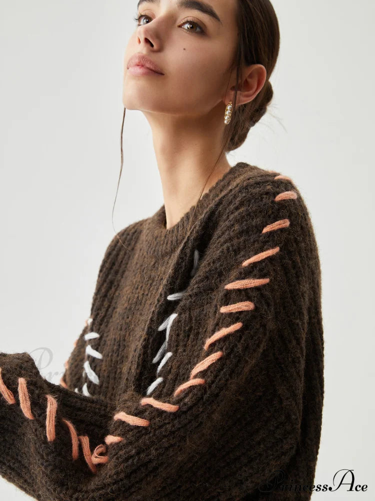 Crocheted Contrast Trim Ribbed Knit Sweater