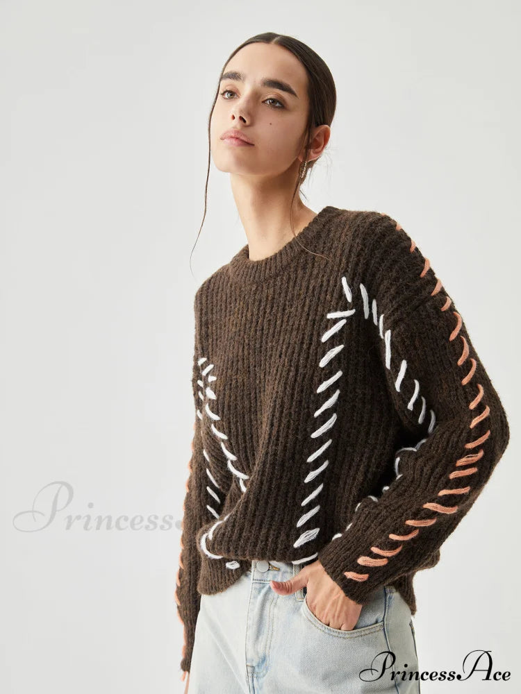 Crocheted Contrast Trim Ribbed Knit Sweater