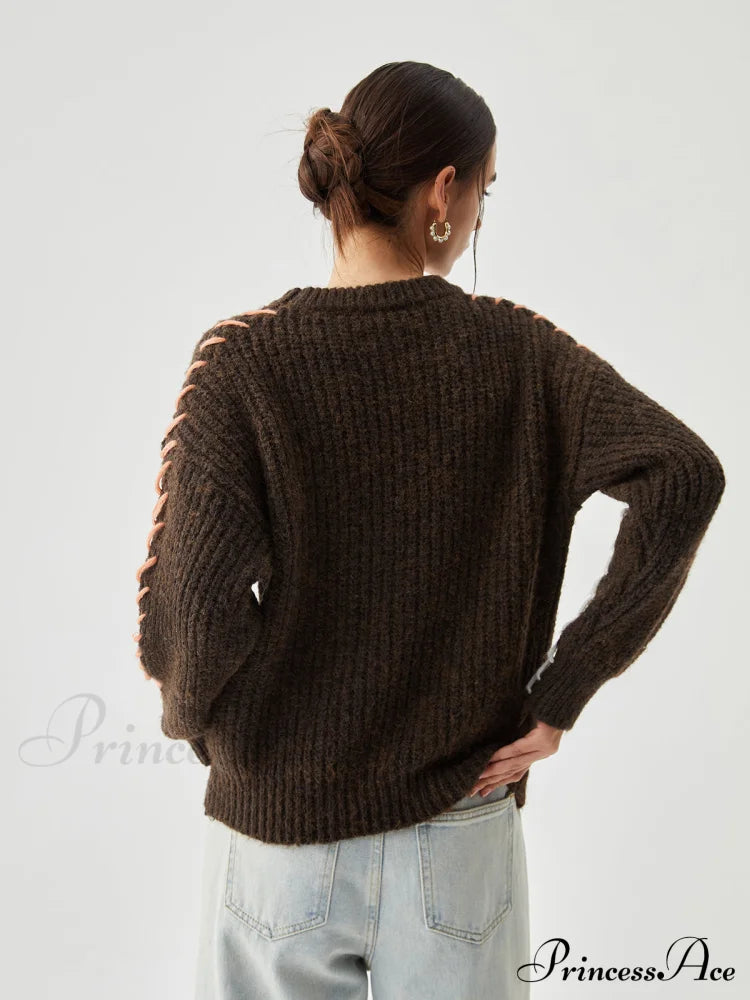 Crocheted Contrast Trim Ribbed Knit Sweater