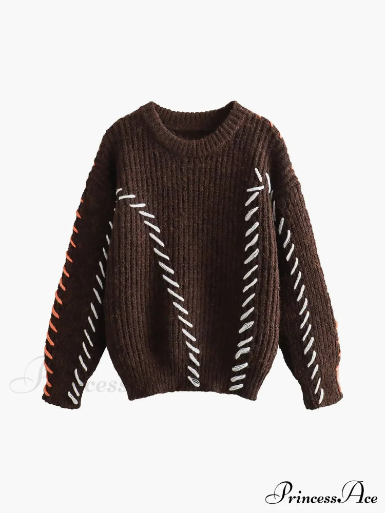 Crocheted Contrast Trim Ribbed Knit Sweater
