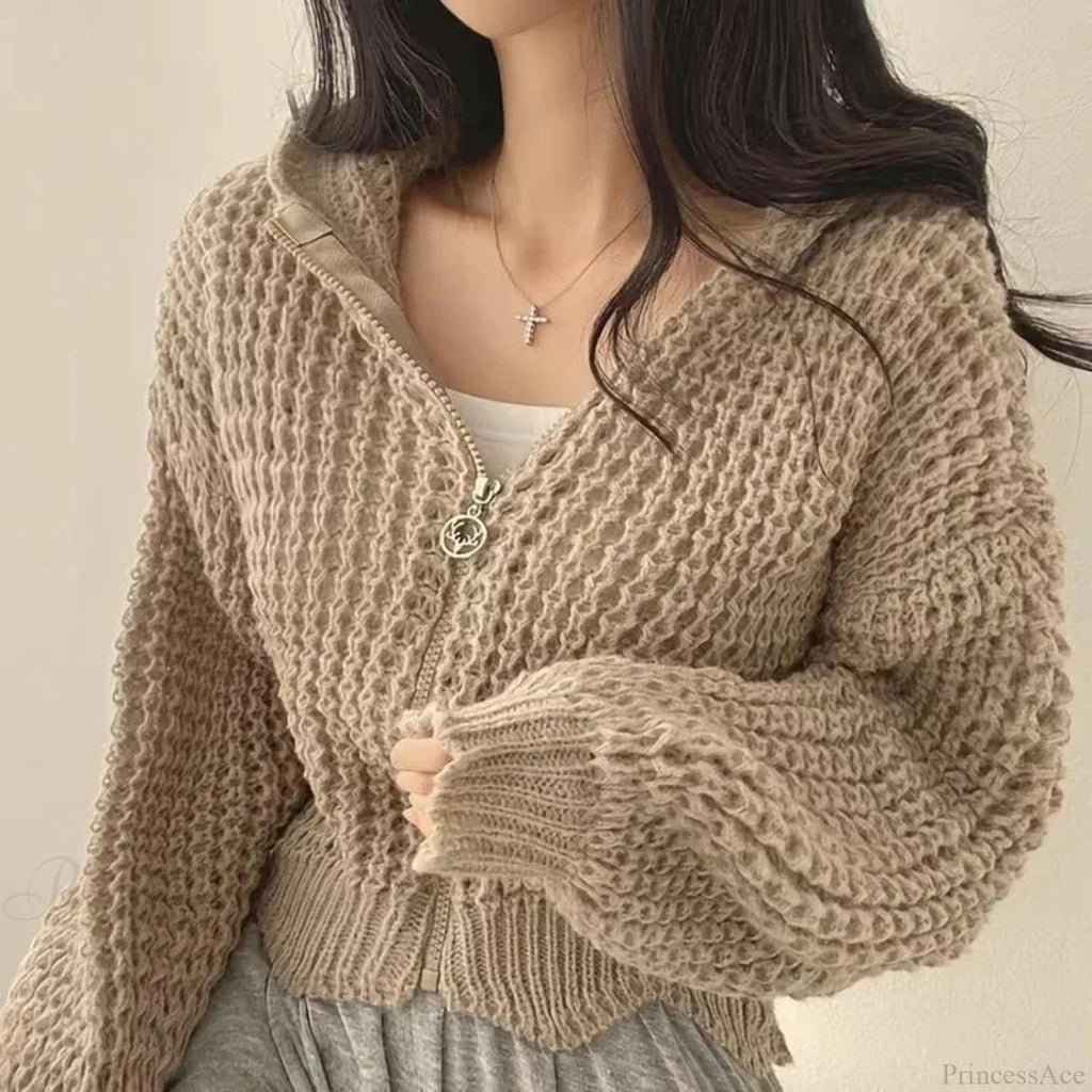 Cropped Hooded Hollow Out Knit Cardigan