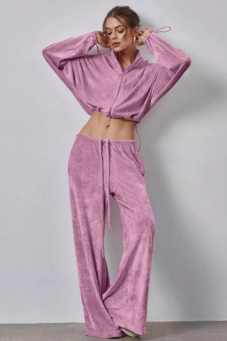 Drawstring Crop Top and Wide Leg Pants Two Piece Set