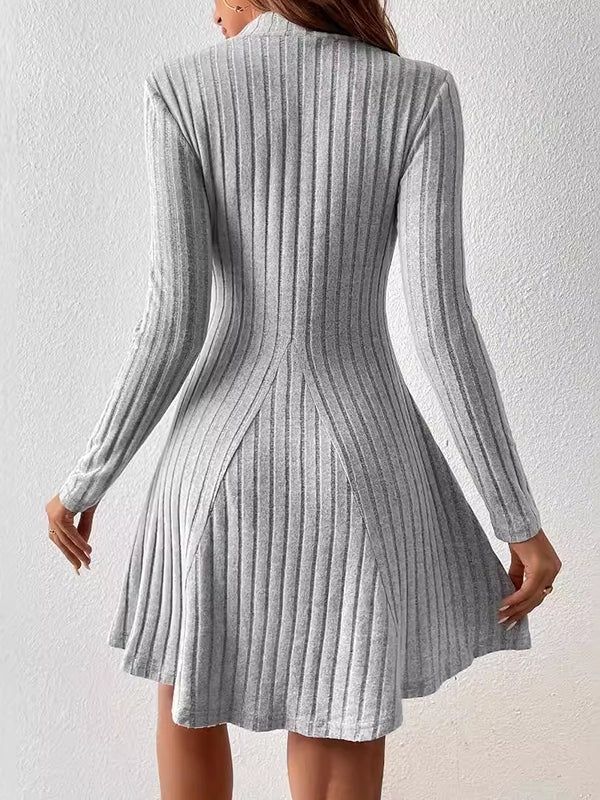 Long Sleeves Pleated Color Split-joint High Neck Mini Dresses