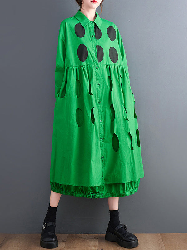 Stylish Long Sleeves A-line Polka Dot Polo Shirt Midi Dresses