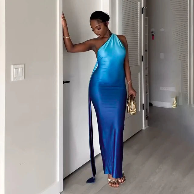 Gradient One Shoulder Sleeveless Maxi Dress Slew Collar Backless Skinny Robe Party Clubwear