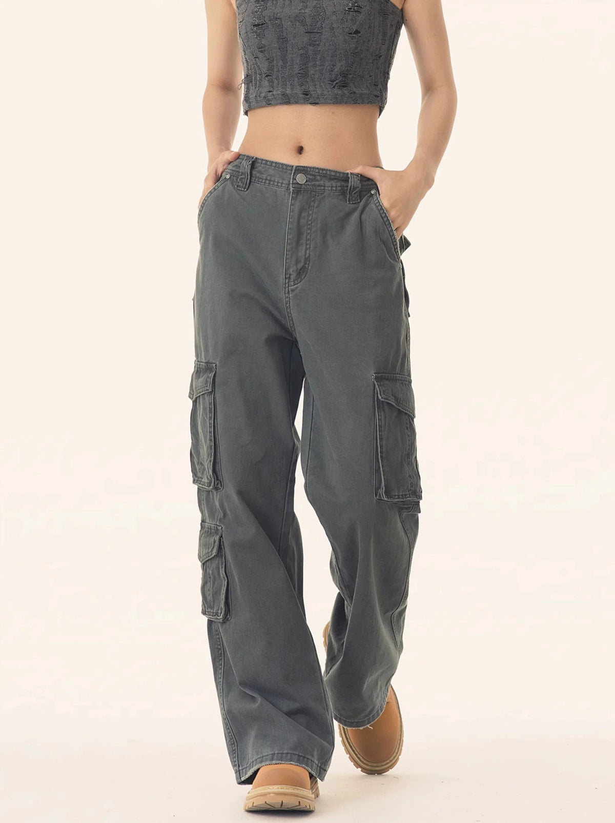 Straight Leg Cargo Pants With Multiple Side Pockets