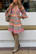 Sorbet Summer Linen Blend Print Button Ruffle Patchwork Mini Dress