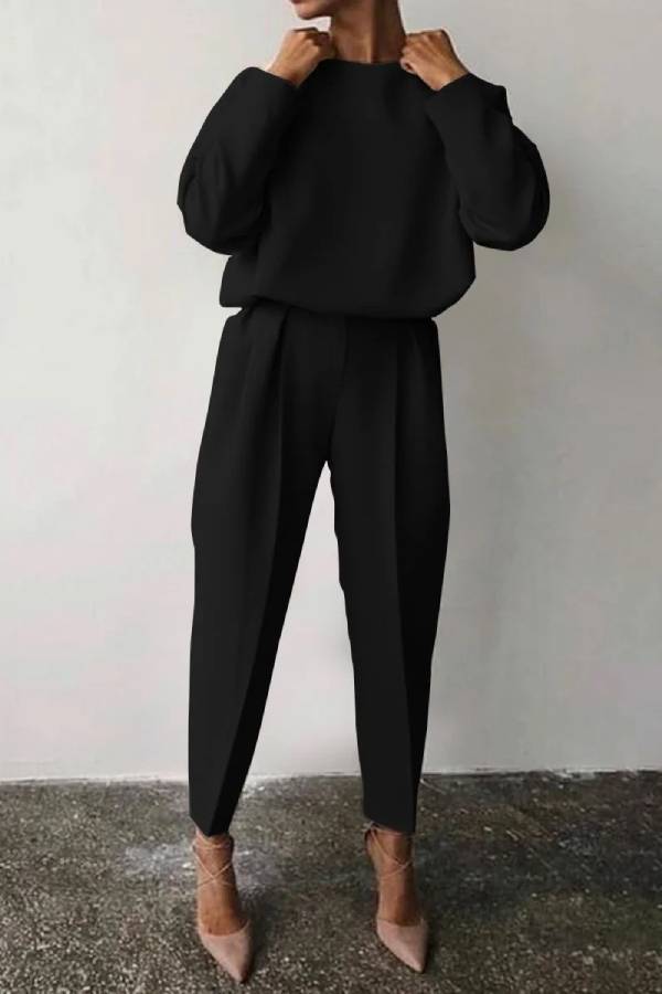 Color Round Neck Pencil Pants Suit