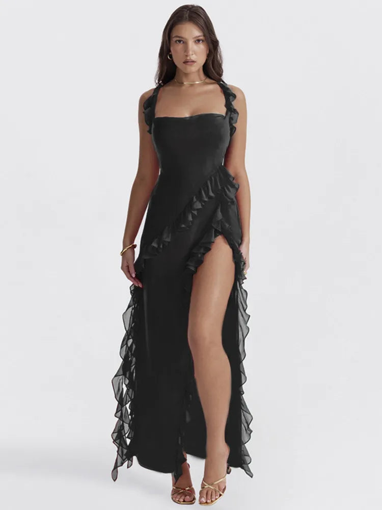 Ruffle Thigh High Split Midi Dress for Robe Spaghetti Strap Sleeveless Backless Bodycon Slipdress Vestidos