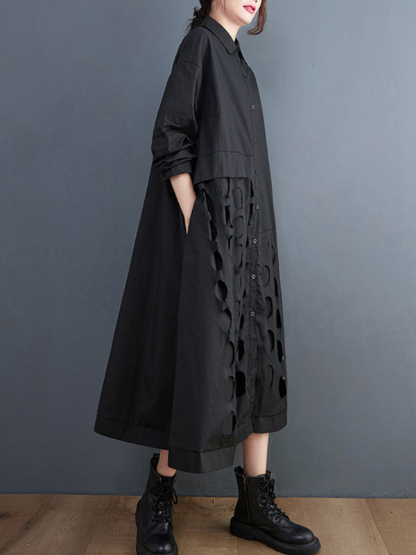 A-line Long Sleeves Asymmetric Hollow Polka-dot Color Lapel Midi Dresses
