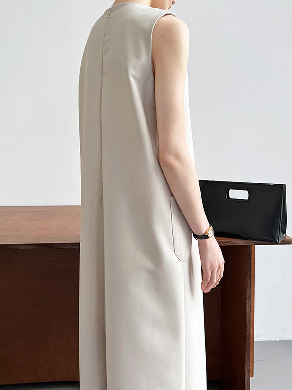 High Waisted Loose Pockets Color Split-back Zipper Round-neck Midi Dresses