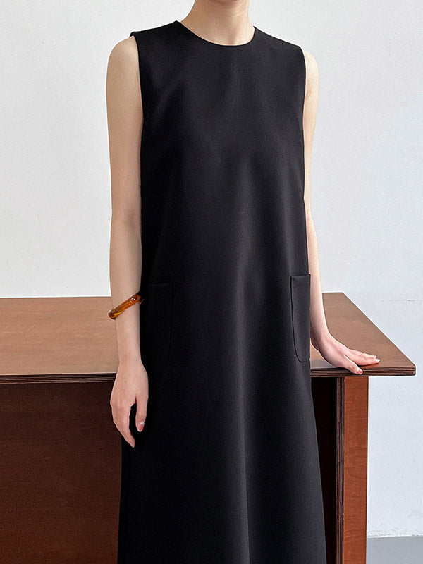 High Waisted Loose Pockets Color Split-back Zipper Round-neck Midi Dresses