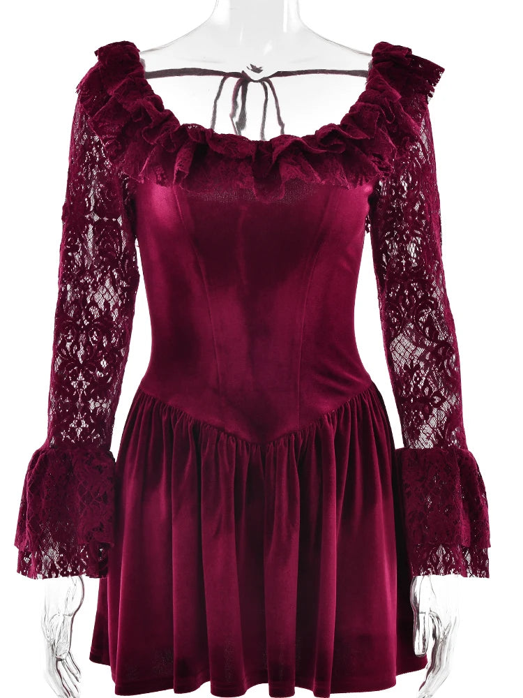 Julissa Mo Patchwork Flare Sleeve Lace Mini Dress See Through High Waist Dress Female Winter New Party Outfit