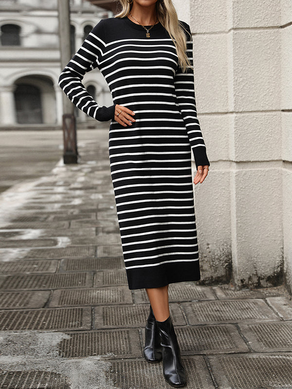 Long Sleeves Loose Split-joint Striped Round-neck Midi Dresses Sweater Dresses