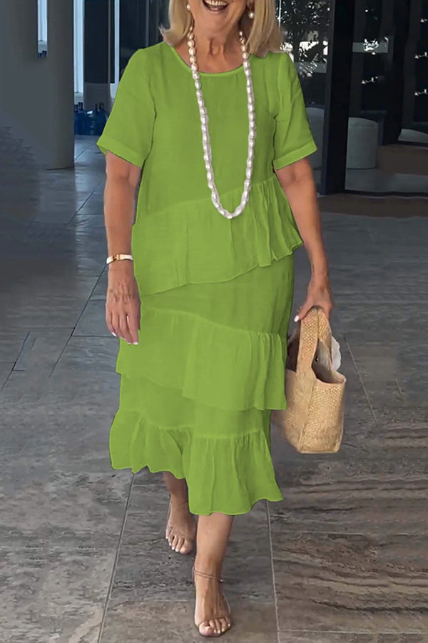 Linen Blend Color Round Neck Loose Midi Dress