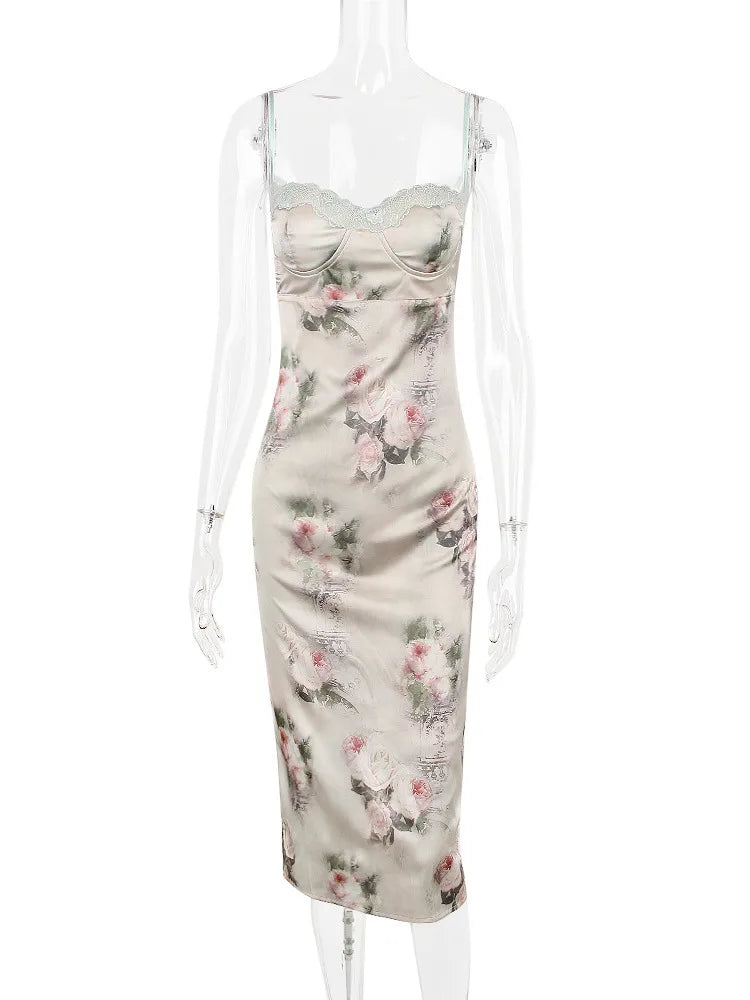 Spaghetti Strap Lace Print Midi Dress for Robe Strapless Backless High Waist Bodycon Club Party Long Dress