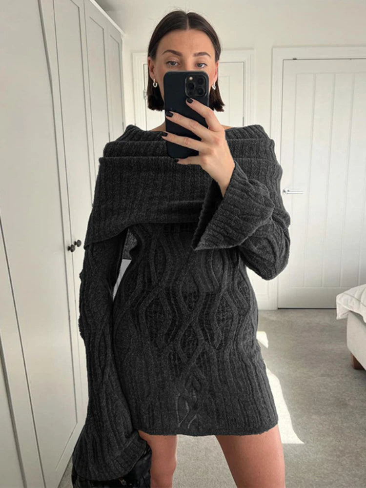 Knitted Mini Dress for Slim Rib High Waist Flare Sleeve Dresses Femme Autumn Winter Bodycon Dress Woman