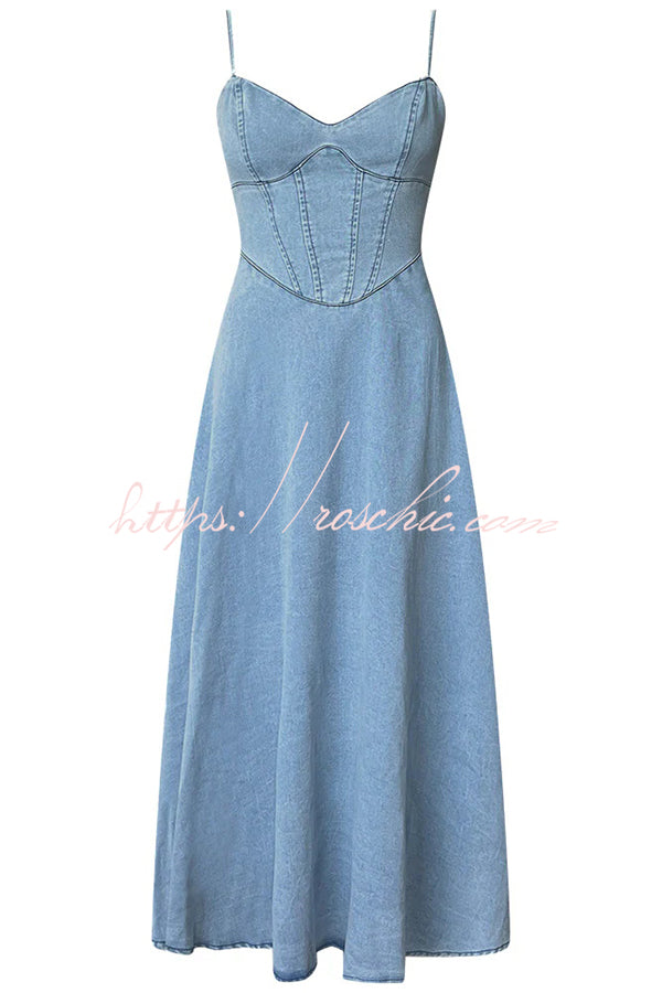 Color Sleeveless Suspender Pleated Back Faux Denim Midi Dress