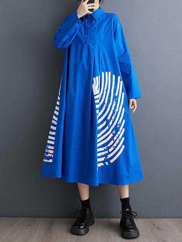 A-line Long Sleeves Asymmetric Buttoned Pleated Printed Split-joint Lapel Midi Dresses Shirt Dress