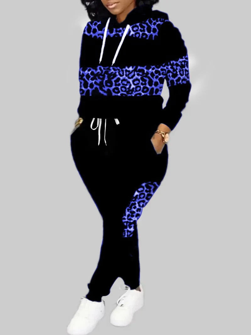 Autumn Long Sleeves Two Pieces Hooded Collar Leopard Print Tracksuit Set Sweatshirts Pullover Hoodies Pant