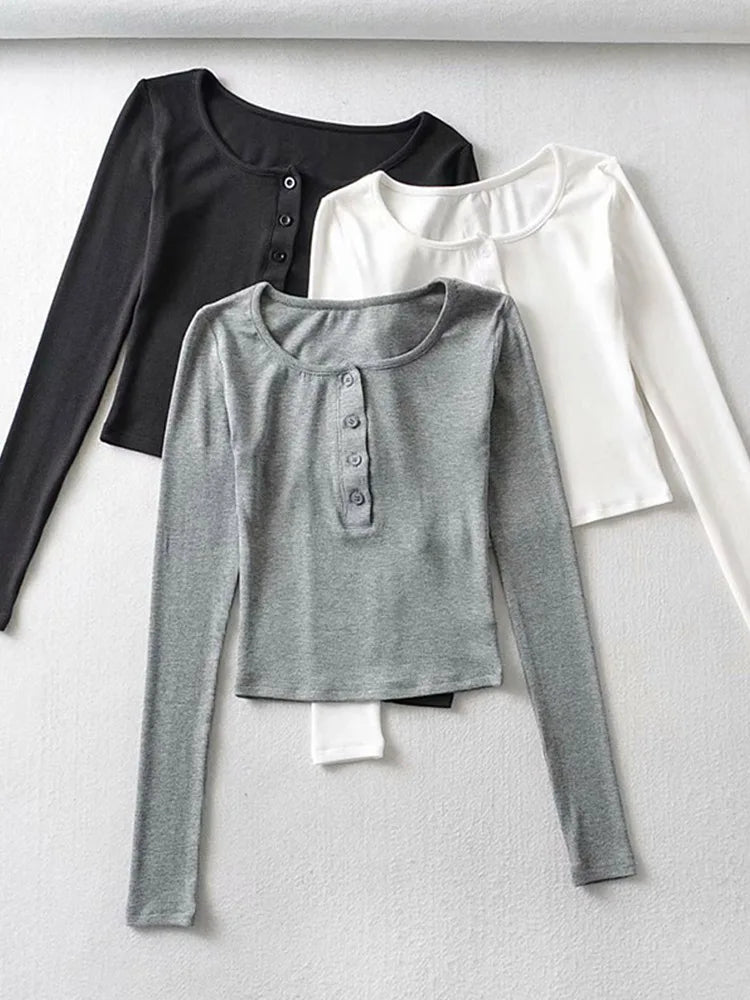 ’s Spring Autumn Slim Crop Tops Color Long Sleeve Button Down T-shirt Basic Tee Harajuku Tops