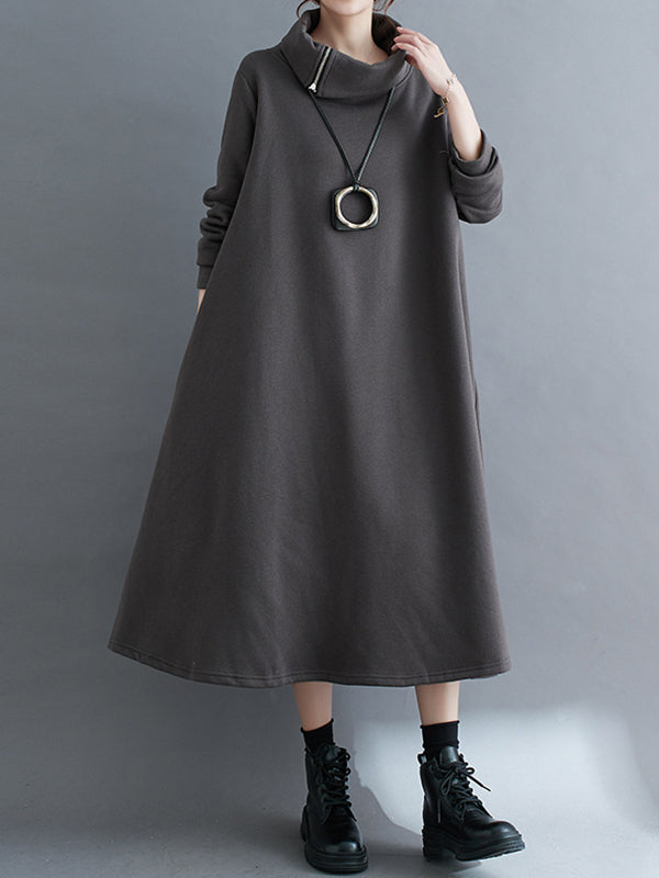 A-line Long Sleeves Asymmetric Color Zipper High Neck Midi Dresses