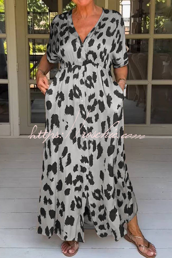 Leopard Print Loose V-neck Short-sleeved Pocket Midi Dress
