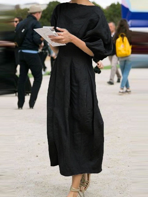 Half Sleeves Loose Color Round-neck Maxi Dresses Midi Dresses