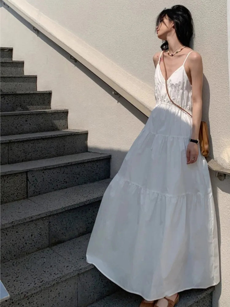 Loose Summer Dress Spaghetti Strap V-neck Vocation Vestidos Korean A-line Clothes New Long Dresses