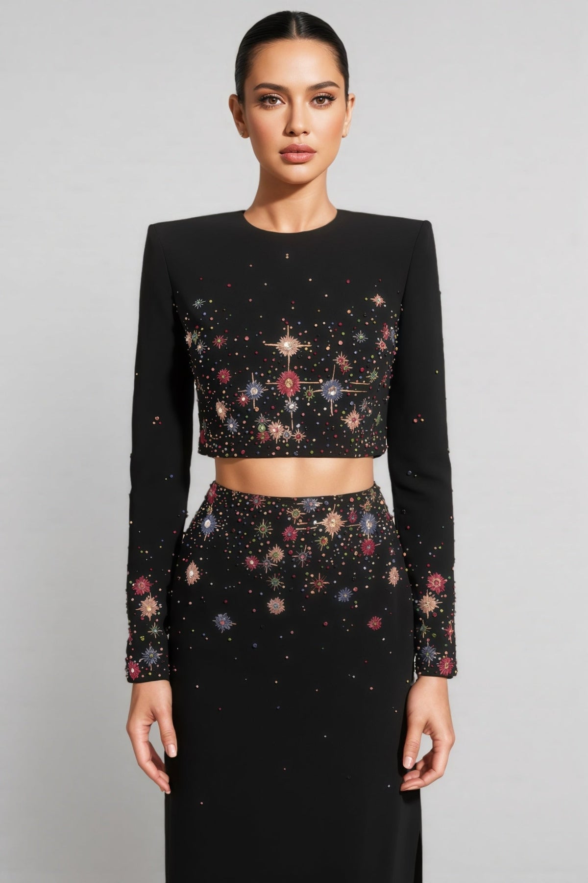 Keirt Black Rhinestone Stud Maxi Dress Set