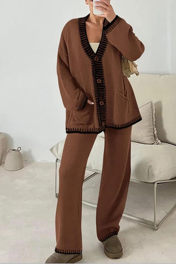 Knitted Long Sleeve Pocket Cardigan and Elastic Waist Loose Wide Leg Pants Set