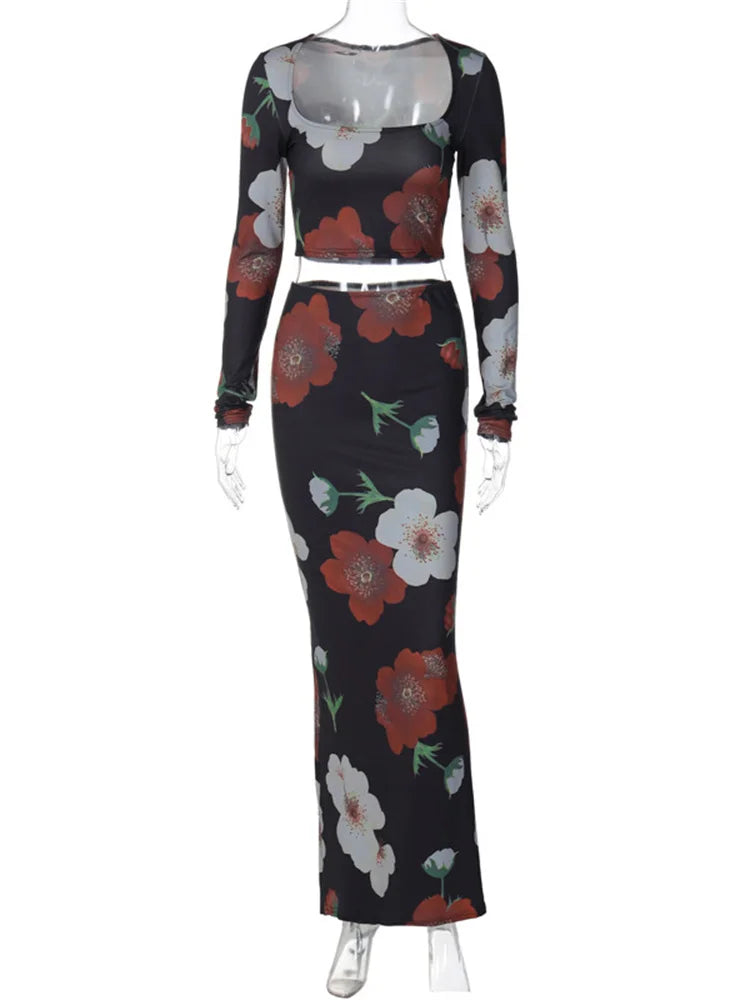 Printed 2 Piece-set Female Patchwork Long Sleeve Crop Top and Maxi Dress Sets Long Skirt Outfits