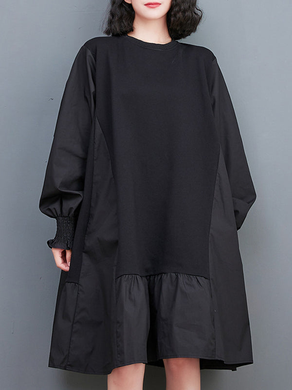 Loose Puff Sleeves Pleated Color Split-joint Round-neck Midi Dresses