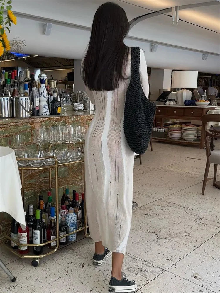 Hollow Out Knit Maxi Dress for Slim Long Sleeve Autumn Party Dress Female Knitwear Dress