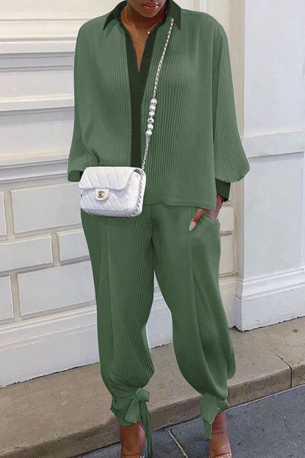 Shirt Collar Stripe Side Pocket Top Pant Set