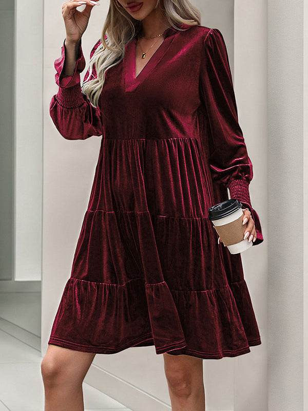 A-line Long Sleeves Pleated Color Velvet V-neck Mini Dresses