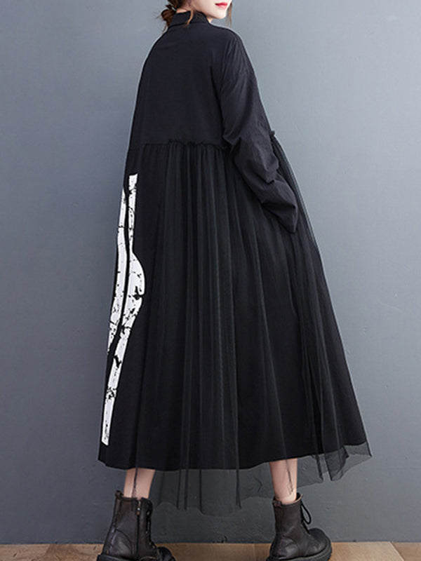 Long Sleeves Loose Contrast Color Split-joint Lapel Collar Midi Dresses