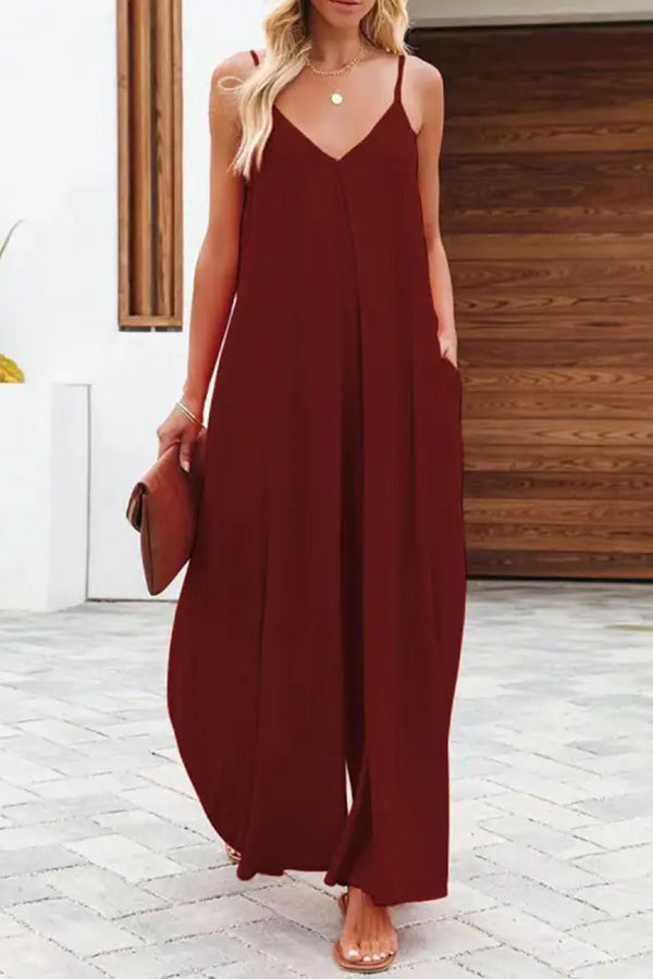 Color Side Pocket Wide-leg Suspender Jumpsuit