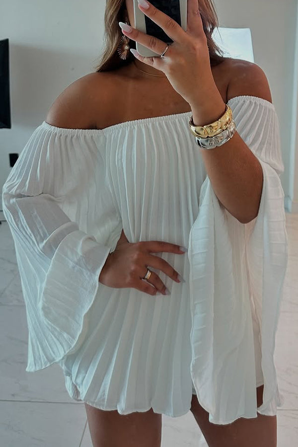 Off-the-shoulder Pleated Loose Top and Elastic Waist Shorts Set