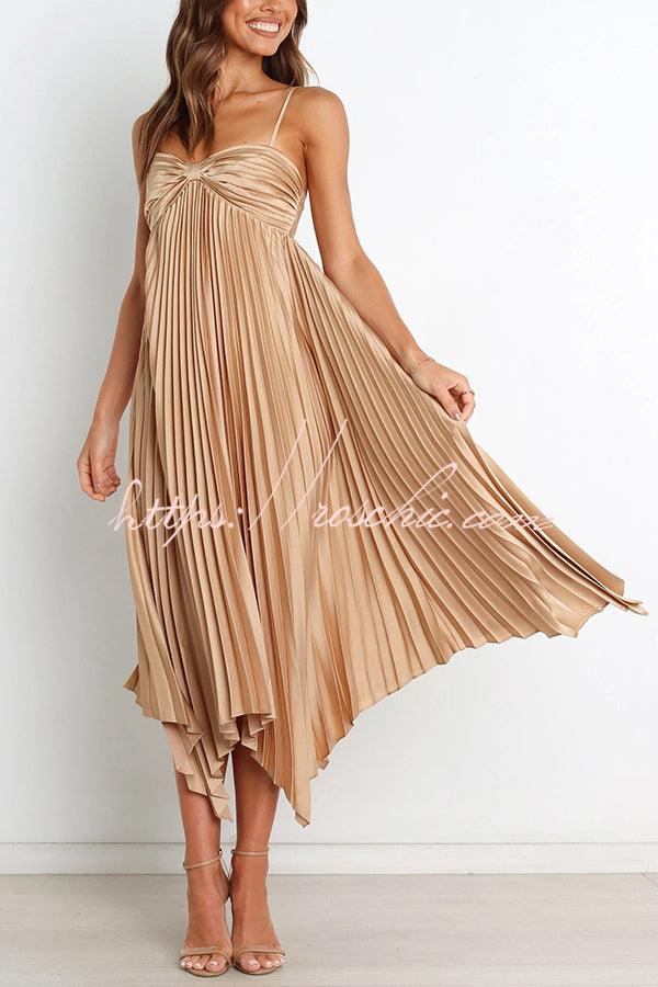 Color Suspender Pleated Irregular Midi Dress