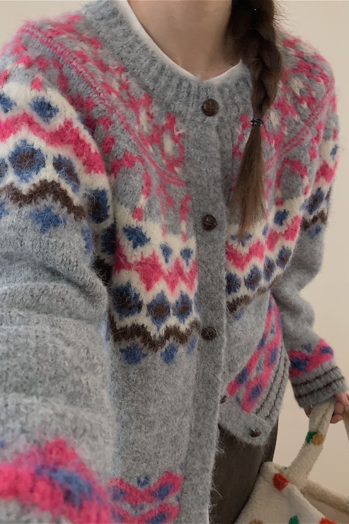 Fair Isle Jacquard Colorblock Knit Cardigan