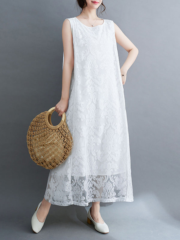 A-line Loose Lacy See-through Color Split-side Round-neck Midi Dresses