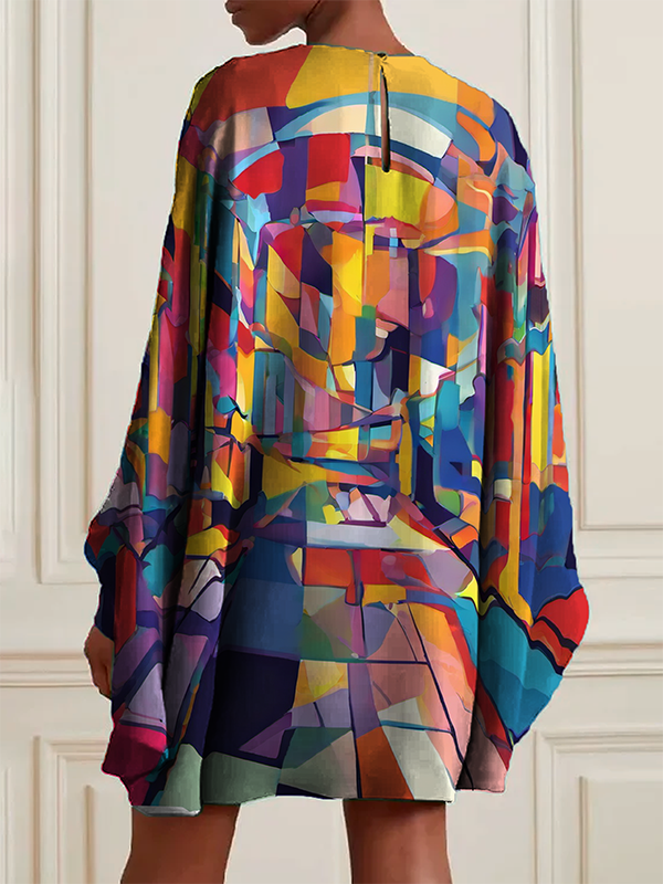 Batwing Sleeves Long Sleeves Buttoned Hollow Printed Round-neck Mini Dresses