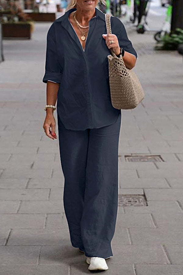 Two Piece Set Lapel Long-sleeved Shirt Color Wide-leg Pants Suit