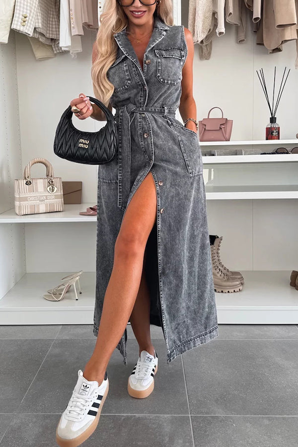 Color Sleeveless Single Breasted Waist Tie Pocket Denim Midi Dress