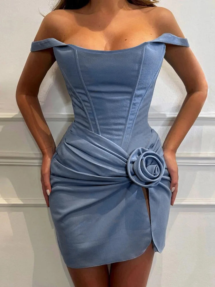Flower Denim Mini Dress for Strapless Backless Ruched Dresses Femme Sleeveless Skinny Dress