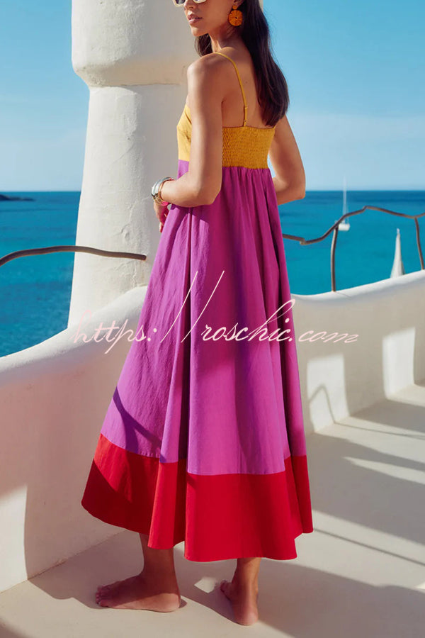 Splicing Sling Back Pleated Holiday Style Midi Dress