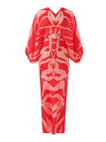 Original Batwing Sleeves Long Sleeves Contrast Color Printed Pleated V-neck Midi Dresses