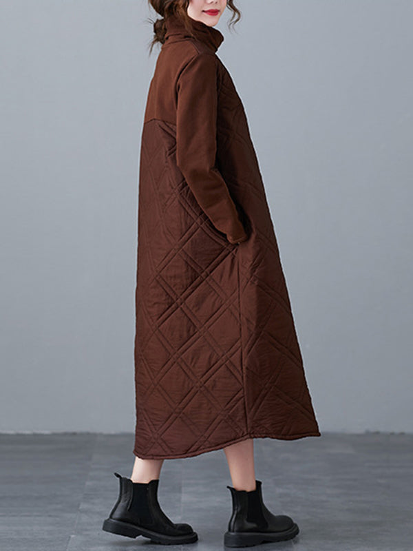 A-line Long Sleeves Color High-neck Midi Dresses