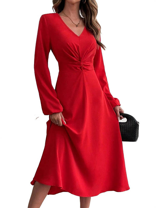 A-line High Waisted Pleated Color Zipper V-neck Midi Dresses